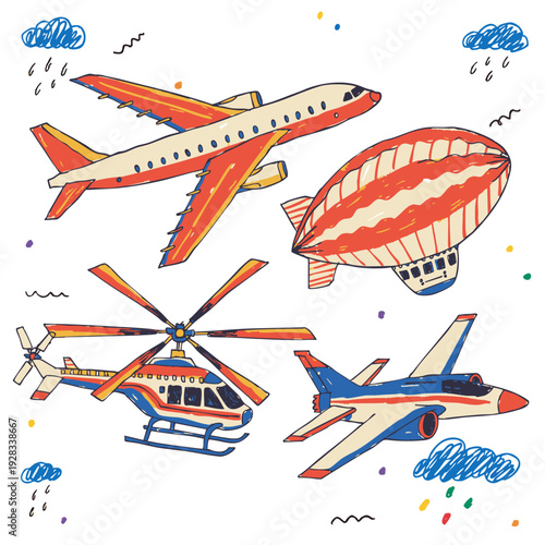 Printable children's aviation transport set in hand-drawn style for school and DIY projects