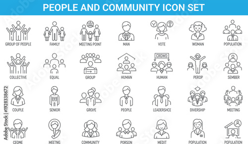 People and community icon set, family group, leadership, diversity, population, teamwork, meeting, social network vector illustration collection
