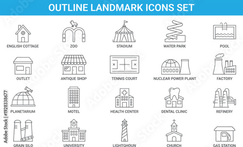 Outline landmark icons set featuring zoo stadium water park hospital church gas station factory motel university public buildings collection