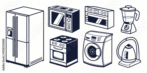 A variety of vintage and modern kitchen appliances on display Vector