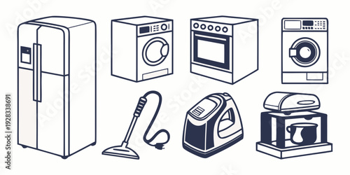 A variety of household appliances and cleaning tools illustrated in black and white Vector