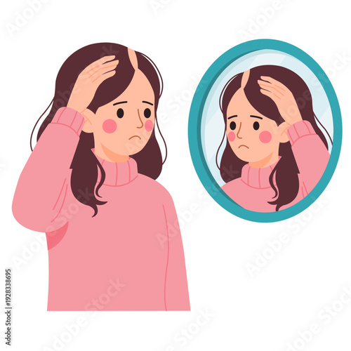 Hairloss woman concern mirror sad touching scalp reflection worried hairloss