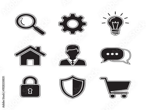 Clean usability icons set with simple and intuitive interface silhouette designs