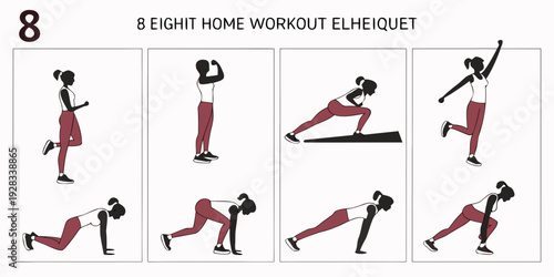 Eight effective home workout exercises for a full-body workout routine Vector