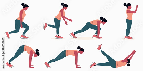 A series of illustrations depicting a person performing various yoga poses. Vector