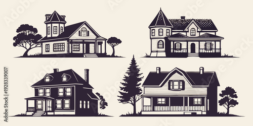 A charming collection of four distinct houses showcasing various architectural styles Vector