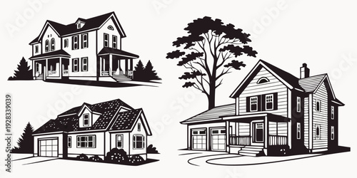 A charming collection of four distinct house illustrations showcasing various architectural styles Vector