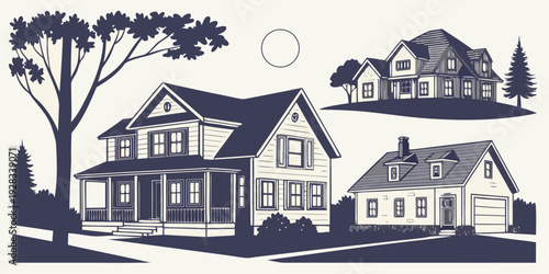 A charming illustration of a cozy house with a tree and a birdhouse in the yard. Vector