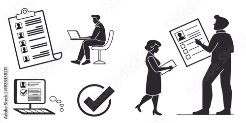 People working together on a project with a checklist and laptop. Vector