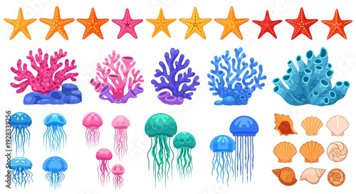 Vibrant underwater scene featuring colorful coral, jellyfish, starfish, and seashells in a diverse oceanic environment viewed from above