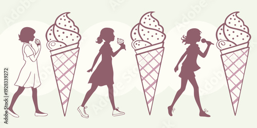 A group of people in various poses holding ice cream cones on a white background Vector