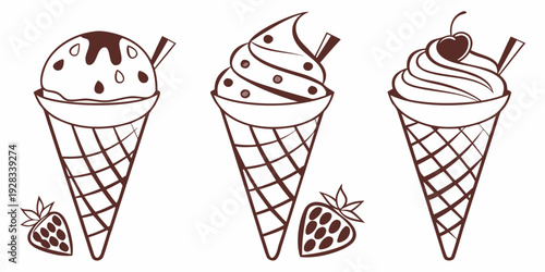 Three delightful ice cream cones with various toppings and flavors. Vector