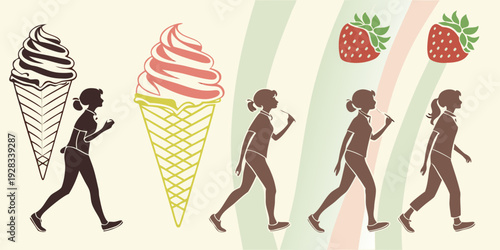 People walking towards different types of food, showcasing diverse culinary preferences Vector