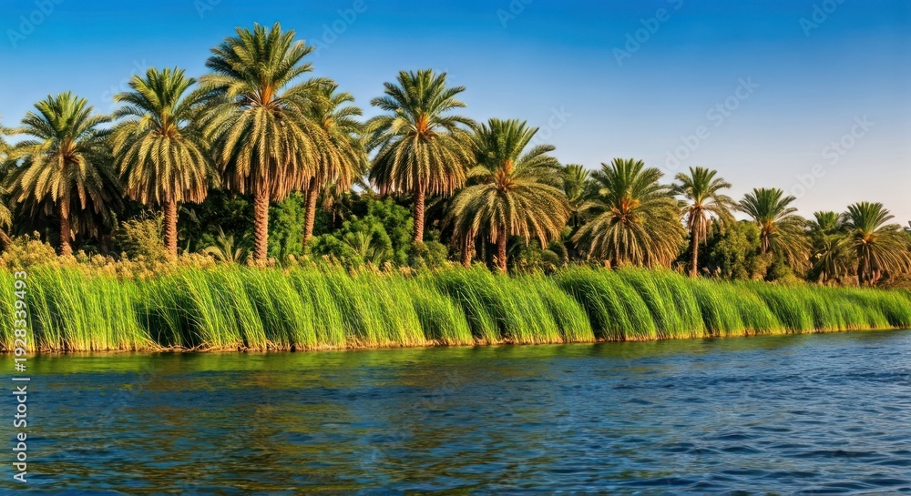 Obraz premium Lush river scene featuring palm trees, reeds, and a shimmering water surface under blue sky