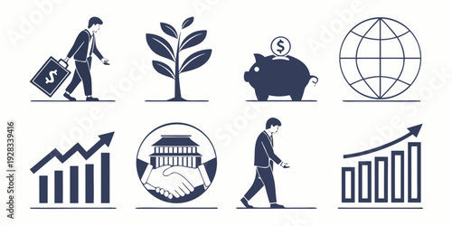 Diverse icons representing various aspects of business, finance, and global trade. Vector