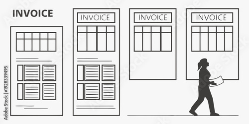 A person walking with three large invoices in hand, representing financial responsibilities. Vector