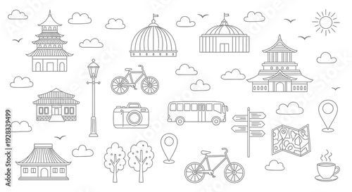 Collection of Travel and City Icons in Doodle Style.