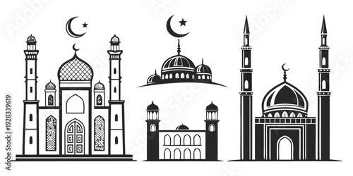 Diverse architectural styles of mosques from different regions around the world Vector