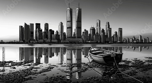 A lone rowboat rests on a rocky shore with a city skyline reflected in the water.