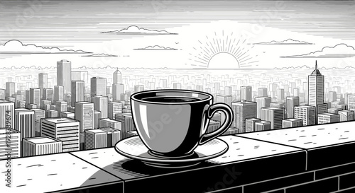 A steaming cup of coffee sits on a saucer on a ledge overlooking a city skyline.