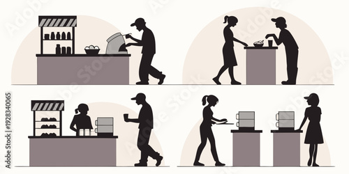 A series of illustrations depicting people engaging in various activities at a coffee shop Vector