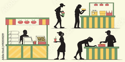 A diverse group of people engaging in various activities at a grocery store Vector