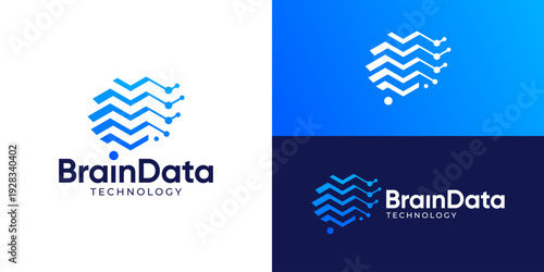 Creative simple brain data logo template. Modern abstract brain with technologies symbol logo design vector illustration.