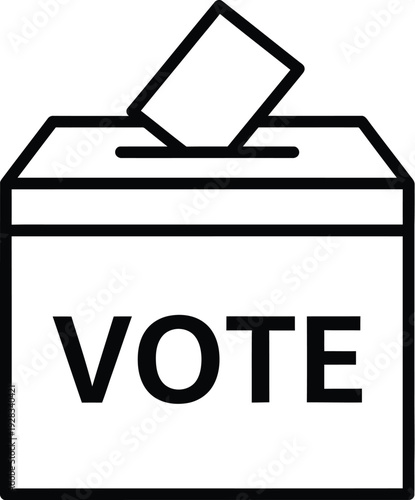 Black and white line art icon depicts a ballot box with a paper slip being inserted for democratic participation.