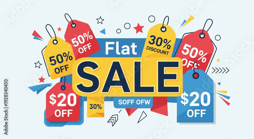 Colorful sale tags and labels with discount offers and promotions.