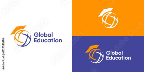 Creative simple global education logo template. Globe with graduation cap symbol logo design vector illustration.