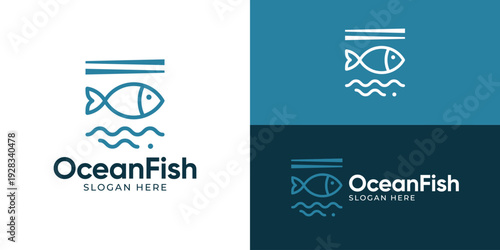 Creative simple ocean fish logo template. Fish wave chopsticks symbol, seafood, sushi logo design vector illustration.