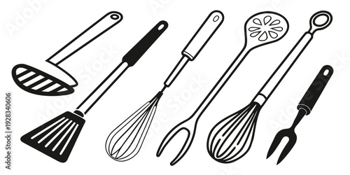 An assortment of cooking utensils including whisks, spatulas, and ladles. Vector