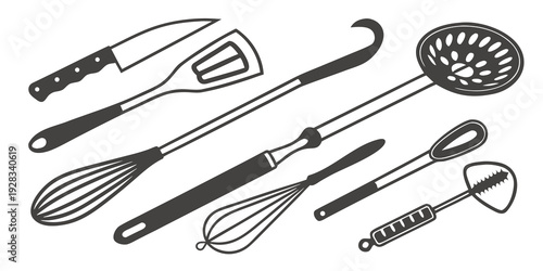 Assorted kitchen utensils arranged neatly on a flat surface Vector