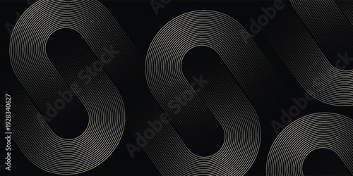 Abstract elegant black background with shiny gold geometric lines. Modern golden diagonal rounded lines pattern. Luxury style. Horizontal banner template.