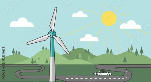 Sustainable Energy Landscape with Wind Turbine and Electric Vehicle.