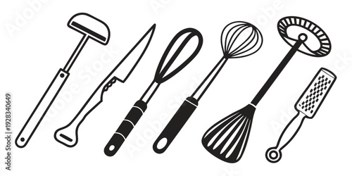 A variety of kitchen utensils including whisks, spatulas, and a masher. Vector