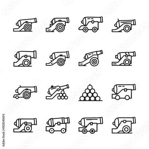 Vintage Cannon Icons Collection Historical Artillery Set Military Weapon Symbols Vector Graphics