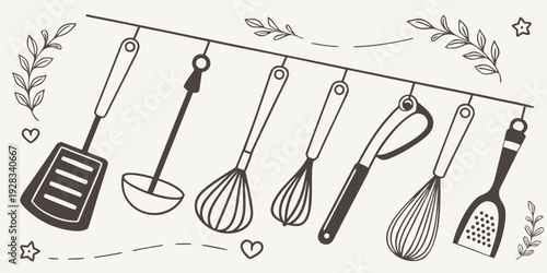 A variety of kitchen utensils hanging from a rack on a wall. Vector