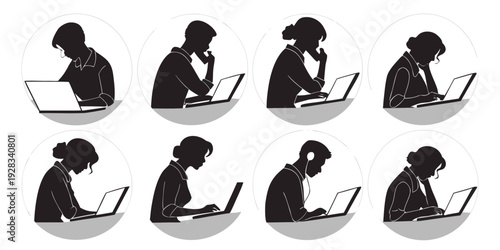 Illustration of various people sitting at desks working on laptops. Vector