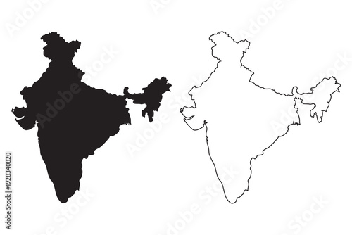 India map vector illustration silhouette black and white outlines country borders geographic shape atlas element design cartography sketch icon isolated political partition land area national zone