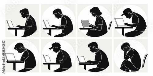 A series of silhouettes depicting a person in various stages of a sit-up exercise. Vector