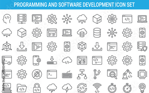 Programming and software development icon set, coding symbols, cloud server, database, cybersecurity, web technology, vector outline collection pack