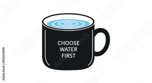 Black coffee mug with 'CHOOSE WATER FIRST' text