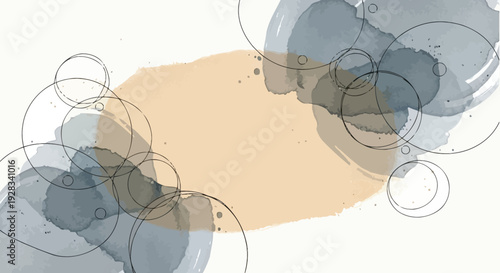 Minimalist abstract background with gray and sepia watercolor shapes and geometric circles on a light canvas