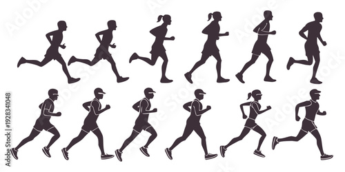 A sequence of a person running, illustrating the motion and phases of the running cycle. Vector