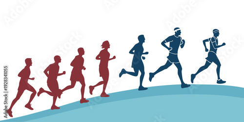 A diverse group of runners participating in a race on a curved track Vector