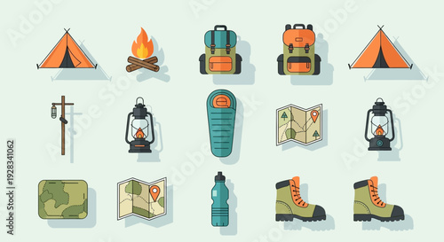 Camping and Hiking Essentials Icons Set.