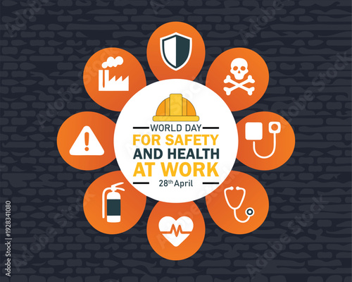 World day for safety and health at work observed each year on April 28th to promote the prevention of occupational accidents and diseases globally. Vector illustration.