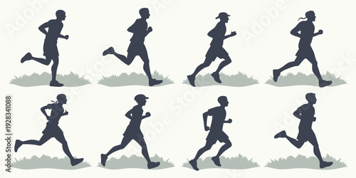Group of people running in a sequence of motion, demonstrating different running techniques. Vector