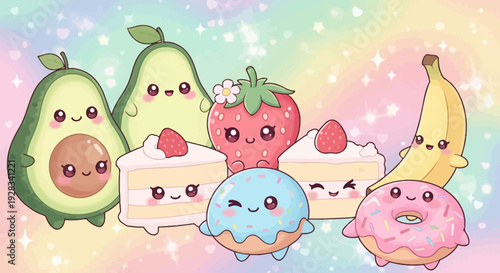Cute cartoon fruits and desserts with smiling faces on pastel background.